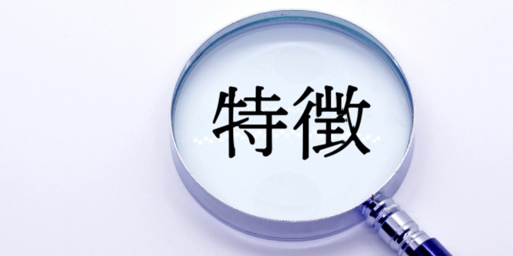 虫眼鏡のレンズに「特徴」と書かれており、注目点を強調しているイメージ