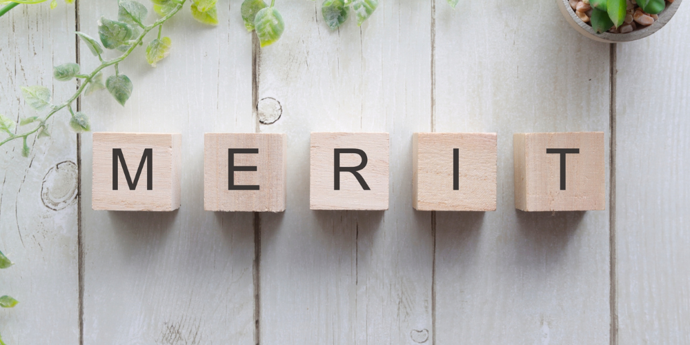 木製ブロックに黒文字で「MERIT」と並べ、周囲にグリーンを添えたメリット強調イメージ