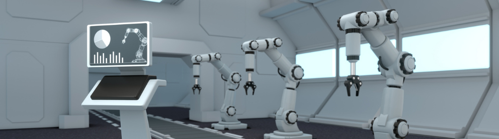  近未来の工場で稼働するロボットアームと制御モニターのCGイメージ