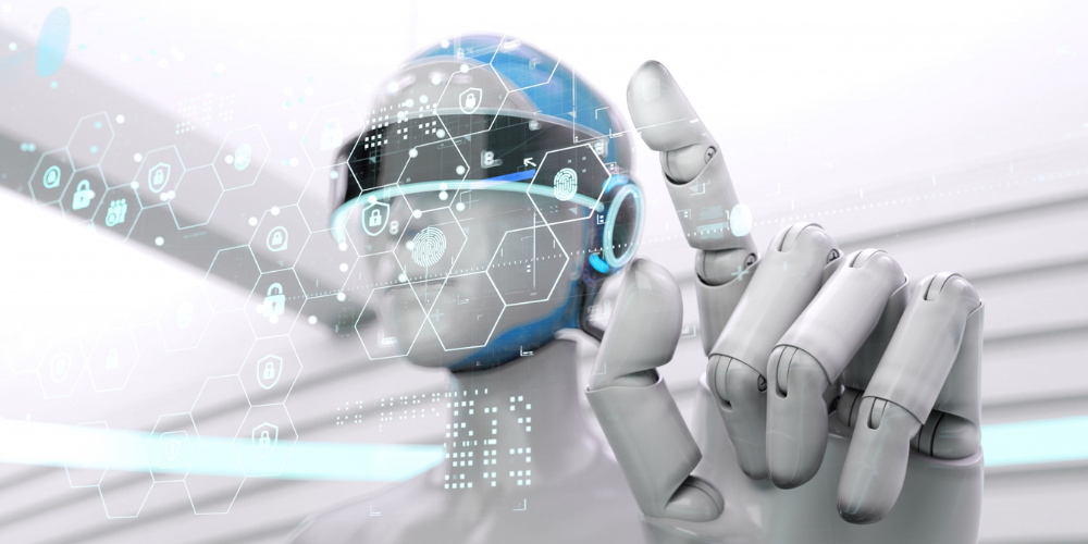 仮想インターフェースに指を向ける近未来的なロボットのイメージ