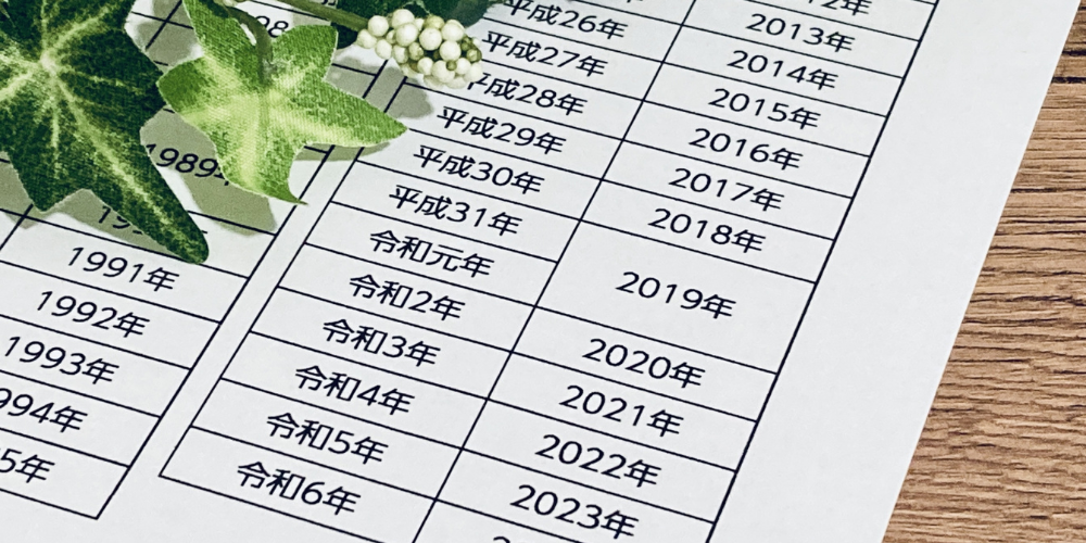 和暦と西暦の年号対応表が印刷された紙と観葉植物、ペン