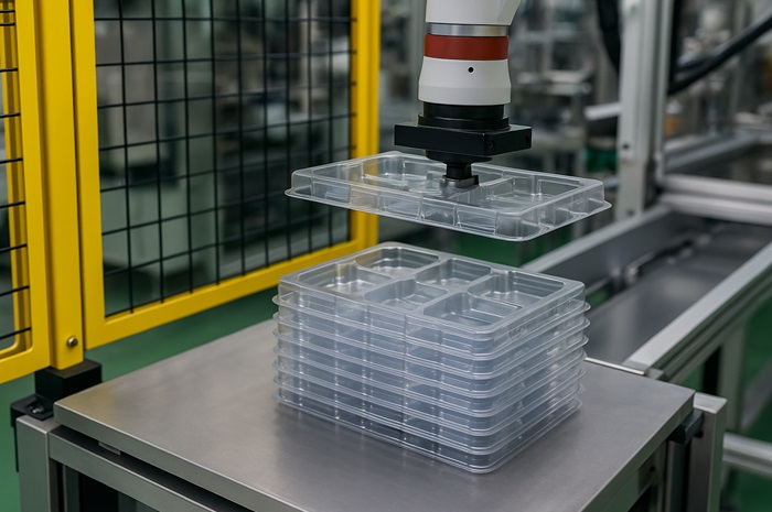 重ねられた真空成形トレイ